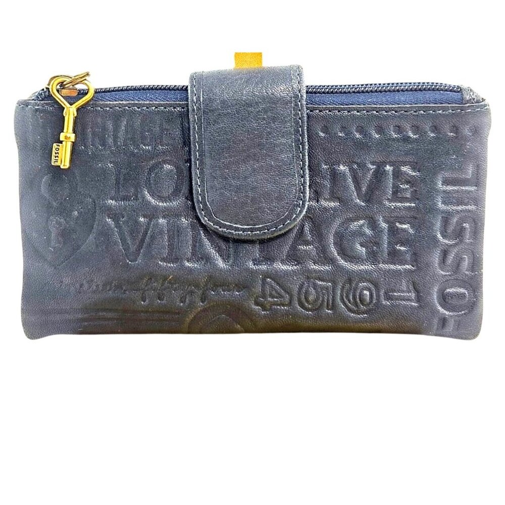 Fossil Embossed Leather Wallet in Black with Gold Accent